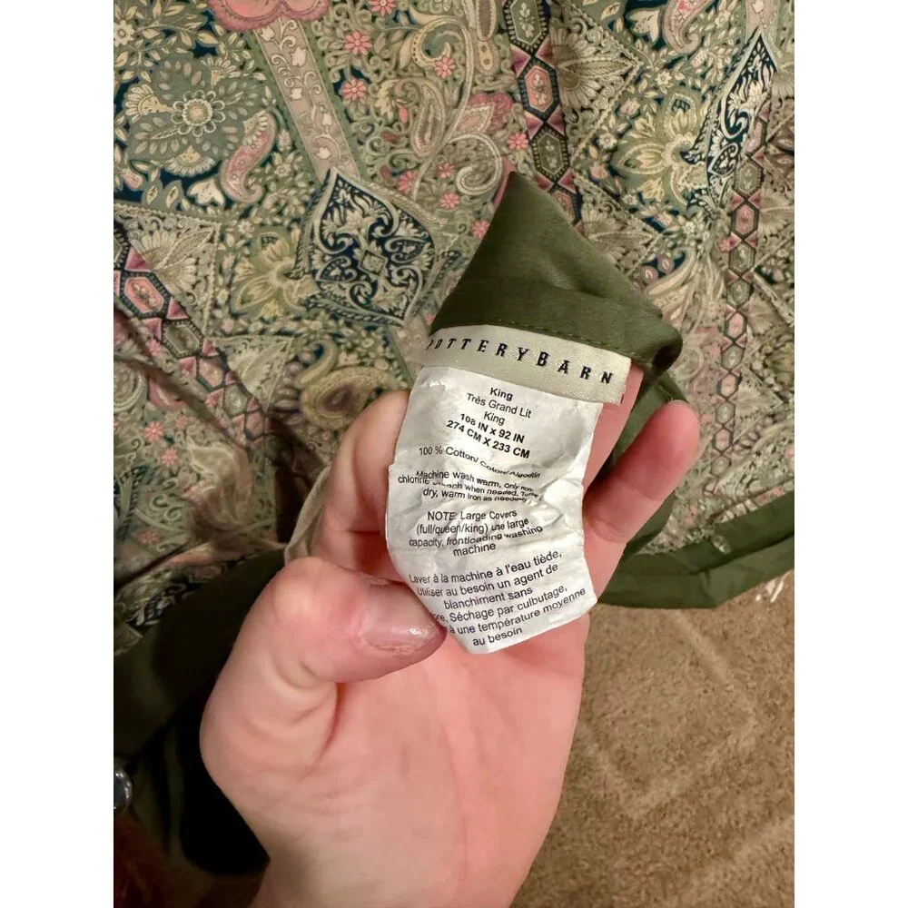 Pottery Barn Jane Paisley King Duvet Cover Sage Green Floral Cotton‎ Percale